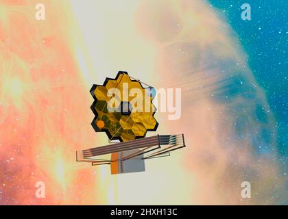 James Webb telescope somewhere in extreme deep outer space. 3D rendered illustration. Stock Photo