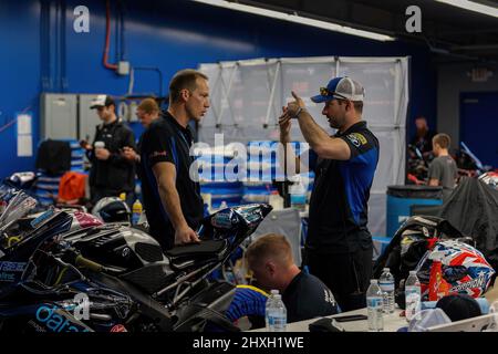 Daytona Beach, FL, USA. 12th March 2022. Garage, pit stop during the Daytona 200 at Daytona International Speedway in Daytona Beach, FL Stock Photo