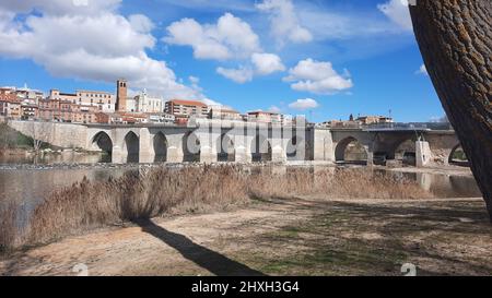 Views of the Duero River with a bridge as it passes through Tordesillas, in Valladolid, Spain. Europe. Horizontal photography. Stock Photo