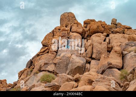 Young man on top of Joshua Tree rocks feeling free in the amazing landscape.  Stock Photo