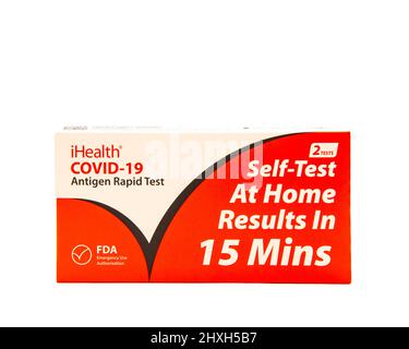 A package of 2 iHealth COVID-19 Antigen Rapid Tests, self test at home in 15 minutes isolated on white background Stock Photo