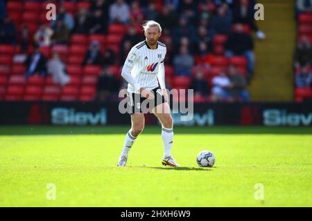 Oakwell, Barnsley, England - 12th March 2022 Tim Ream (13) of Fulham - during the game Barnsley v Fulham, Sky Bet EFL Championship 2021/22, at Oakwell, Barnsley, England - 12th March 2022 Credit: Arthur Haigh/WhiteRosePhotos/Alamy Live News Stock Photo