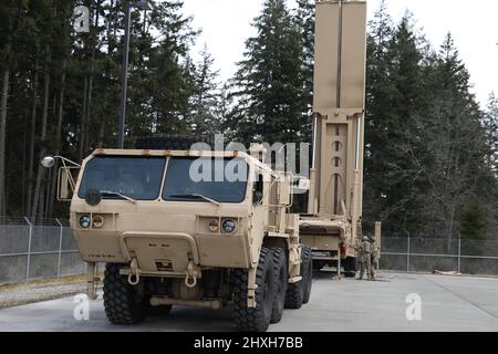 JOINT BASE LEWIS-MCCHORD, Wash., – Using the Nation’s first prototype Long Range Hypersonic System, Bravo Battery Soldiers with the 5th Battalion, 3rd Artillery, 17th Field Artillery Brigade executed ground movement, round transfers, and established firing capability at Joint Base Lewis McChord Feb. 22-24. (US Army photo by Staff Sgt. Casey Hustin, 17th Field Artillery Brigade) Stock Photo