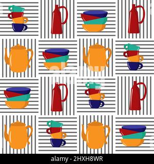 Seamless pattern with utensils on a striped background. Cups, teapot, decanter and salad bowls.  Stock Vector