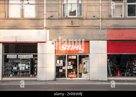Picture of a sign with the logo of Stihl on one of their retailer shop in Belgrade, Serbia. Stihl is a German manufacturer of chainsaws and other hand Stock Photo