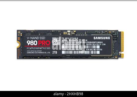Tallinn, Estonia - March, 2022: Samsung SSD 980 PRO PCle 4.0 NVMe M.2 on white background Stock Photo