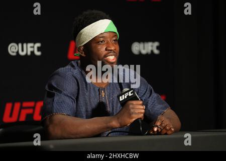 LAS VEGAS, NV - March 12: Sodiq Yusuff  meets with the press following the win at the UFC Apex for UFC Vegas 50 - Santos vs Ankalaev - Event on March 12, 2022 in LAS VEGAS, United States. (Photo by Louis Grasse/PxImages) Stock Photo