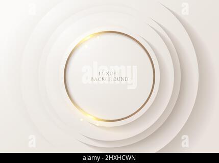 Abstract elegant 3D white circles layer with golden ring and lighting effect on clean background luxury style. Vector illustration Stock Vector