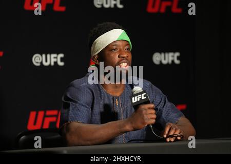 March 12, 2022, LAS VEGAS, LAS VEGAS, NV, United States: LAS VEGAS, NV - March 12: Sodiq Yusuff meets with the press following the win at the UFC Apex for UFC Vegas 50 - Santos vs Ankalaev - Event on March 12, 2022 in LAS VEGAS, United States. (Credit Image: © Louis Grasse/PX Imagens via ZUMA Press Wire) Stock Photo