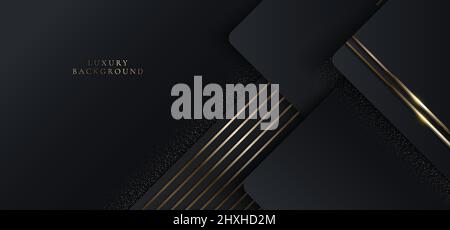 3D modern luxury template design black geometric and golden glitter stripes line light sparking on black background. Vector graphic illustration Stock Vector