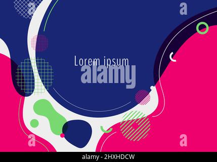 Abstract background liquid dynamic waves and organic shapes forms pattern with geometric circles, lines elements on white background. Vector illustrat Stock Vector