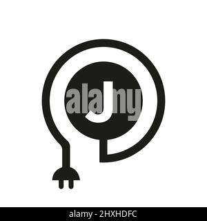 Electric Logo On Letter J Sign. J Letter Logo with Curl Cable and Plug Adapter, Electricity, Industrial and Technology Vector Template Stock Vector