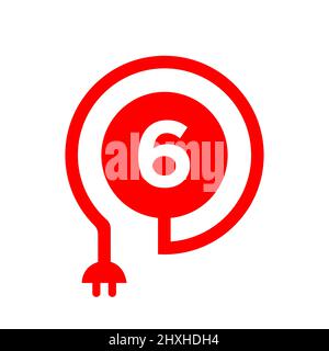 Electric Logo On Letter 6 Sign. 6 Letter Logo with Curl Cable and Plug Adapter, Electricity, Industrial and Technology Vector Template Stock Vector