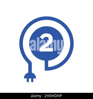 Electric Logo On Letter 2 Sign. 2 Letter Logo with Curl Cable and Plug Adapter, Electricity, Industrial and Technology Vector Template Stock Vector