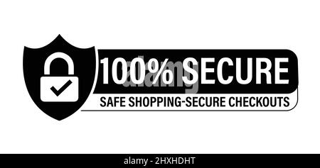 100% Secure, Safe shopping-secure checkouts vector icon with pad lock. black in color. minimal logo Stock Vector