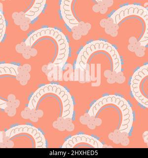 Illustration cartoon seamless pattern of rainbows in beige orange color on an orange background. High quality illustration Stock Photo