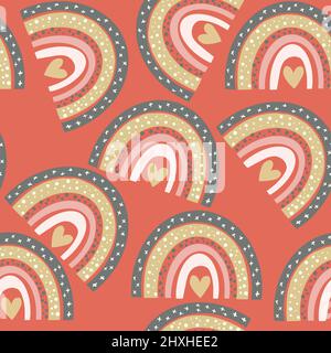 Illustration of a cartoon seamless pattern of rainbows in brown pink color on a pink background. High quality illustration Stock Photo