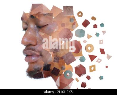 Digital 3D graphics combined with a portrait in a double exposure technique Stock Photo