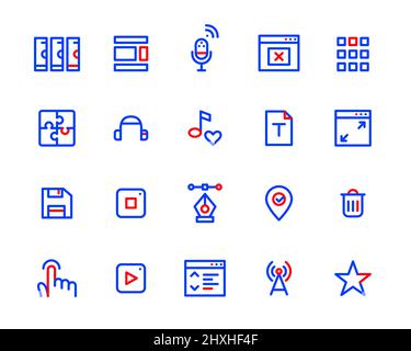 Simple 2 color line art icons set. Server, layouts, tap, wifi, favorite, floppy disk and other. Pixel perfect, editable stroke Stock Vector