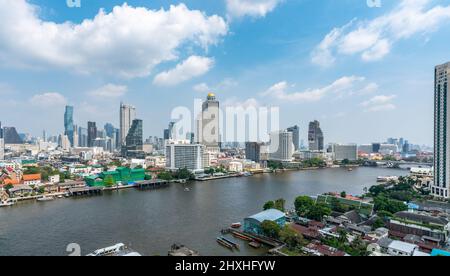 Bangkok, Thailand - March 10, 2022: City view from the 6th-floor outdoor porch at Icon Siam, the luxury department store at Chao Phraya river Stock Photo