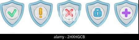 3d glossy shield in realistic style. Glass screens set with check mark, exclamation mark, cross and lock symbol. Security, guaranteed, medical protection icon. Vector render design elements. Stock Vector
