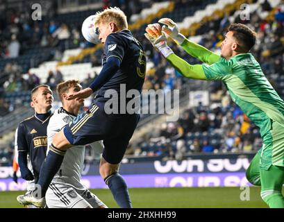 Chester, Pennsylvania, USA. 12th Mar, 2022. March 12, 2022, Chester PA- Philadelphia Union player, JAKOB GLESNES (5) and JT MARCINKOWSKI (1) from the San Jose Earthquakes in action during the match at Subaru Park (Credit Image: © Ricky Fitchett/ZUMA Press Wire) Stock Photo