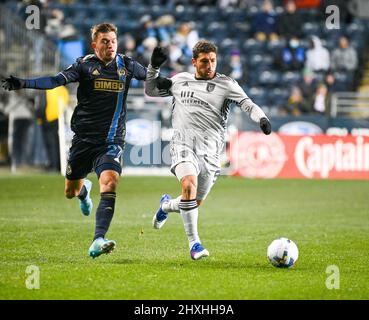 Chester, Pennsylvania, USA. 12th Mar, 2022. March 12, 2022, Chester PA- Philadelphia Union player, KAI WAGNER (27) fights for the ball with ERIC REMEDI (5) from the San Jose Earthquakes during the match at Subaru Park (Credit Image: © Ricky Fitchett/ZUMA Press Wire) Stock Photo