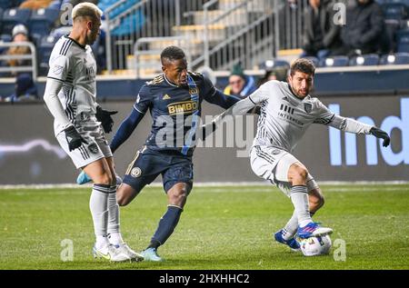 Chester, Pennsylvania, USA. 12th Mar, 2022. March 12, 2022, Chester PA- Philadelphia Union player, JOSE MARTINEZ (8) fights for the ball against the San Jose Earthquakes ERIC REMEDI (5) during the match at Subaru Park (Credit Image: © Ricky Fitchett/ZUMA Press Wire) Stock Photo