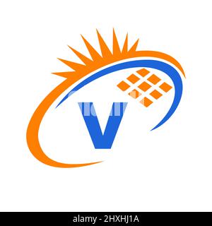 Letter V Inside Solar Cell or Solar Panel Energy Logo Design. Letter V Logo with Solar Elements, Sun, Solar Panels Sign Stock Vector