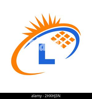 Letter L Inside Solar Cell or Solar Panel Energy Logo Design. Letter L Logo with Solar Elements, Sun, Solar Panels Sign Stock Vector