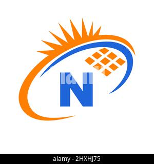 Letter N Inside Solar Cell or Solar Panel Energy Logo Design. Letter N Logo with Solar Elements, Sun, Solar Panels Sign Stock Vector