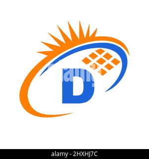 Letter D Inside Solar Cell or Solar Panel Energy Logo Design. Letter D Logo with Solar Elements, Sun, Solar Panels Sign Stock Vector