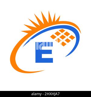 Letter E Inside Solar Cell or Solar Panel Energy Logo Design. Letter E Logo with Solar Elements, Sun, Solar Panels Sign Stock Vector