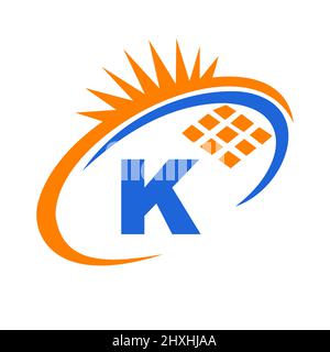 Letter K Inside Solar Cell or Solar Panel Energy Logo Design. Letter K Logo with Solar Elements, Sun, Solar Panels Sign Stock Vector