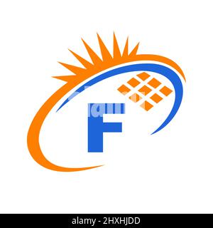 Letter F Inside Solar Cell or Solar Panel Energy Logo Design. Letter F Logo with Solar Elements, Sun, Solar Panels Sign Stock Vector