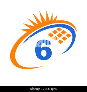 Letter 6 Inside Solar Cell or Solar Panel Energy Logo Design. Letter 6 Logo with Solar Elements, Sun, Solar Panels Sign Stock Vector
