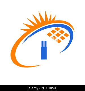 Letter I Inside Solar Cell or Solar Panel Energy Logo Design. Letter I Logo with Solar Elements, Sun, Solar Panels Sign Stock Vector