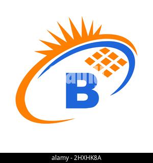 Letter B Inside Solar Cell or Solar Panel Energy Logo Design. Letter B Logo with Solar Elements, Sun, Solar Panels Sign Stock Vector
