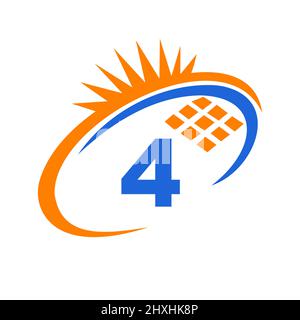 Letter 4 Inside Solar Cell or Solar Panel Energy Logo Design. Letter 4 Logo with Solar Elements, Sun, Solar Panels Sign Stock Vector