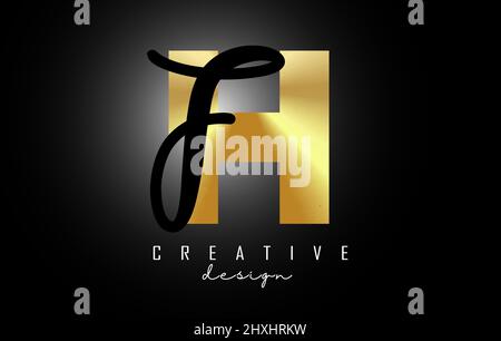 Golden Letters HF logo with a minimalist design. Letters H and F with geometric and handwritten typography. Creative Vector Illustration with letters. Stock Vector
