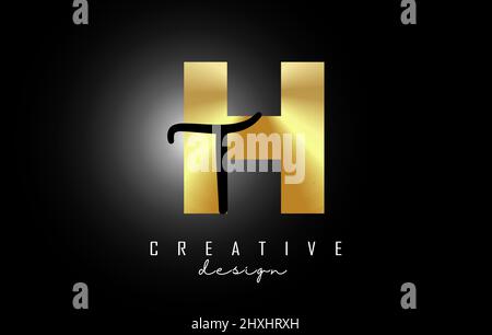 Golden Letters HT logo with a minimalist design. Letters H and T with geometric and handwritten typography. Creative Vector Illustration with letters. Stock Vector
