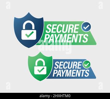 secure payments vector icon set with pad lock. green and blue colored Stock Vector