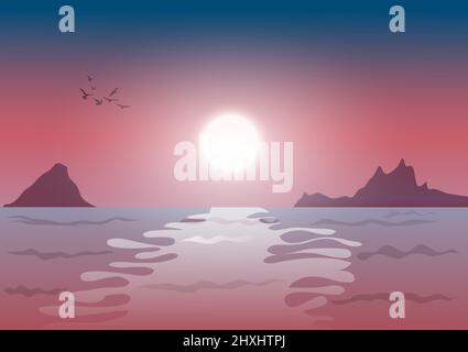 graphics drawing Design Landscape view Beach at sunset and the moon vector Illustrator Stock Vector