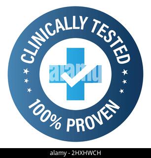 'clinically tested, 100% proven' vector icon with cross and tick mark, blue in color. Stock Vector