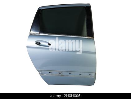 The rear door of the car is blue on a white isolated background. Body repair of vehicles in a service workshop. Stock Photo