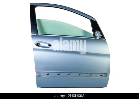 The front door of the car is blue on a white isolated background. Body repair of vehicles in a service workshop. Stock Photo