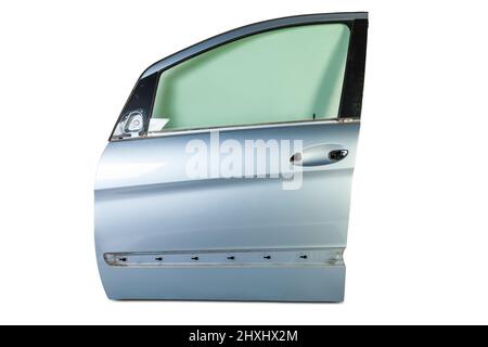 The front door of the car is blue on a white isolated background. Body repair of vehicles in a service workshop. Stock Photo