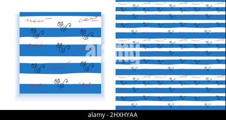 Seamless pattern with kittens. Hand drawn stripes and cats. White and blue tiles. Suitable for children s clothing, wrapping paper, textile print Stock Vector