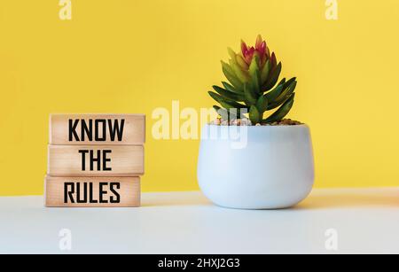 Know the rules word on wooden blocks, on a white and yellow background with a cactus flower. business process regulation concept. Stock Photo