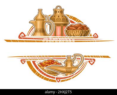 Vector border for Ramadan Iftar with copy space for wishing text, decorative invitation with illustration of bronze coffee pot, old fanoos, dry dates Stock Vector